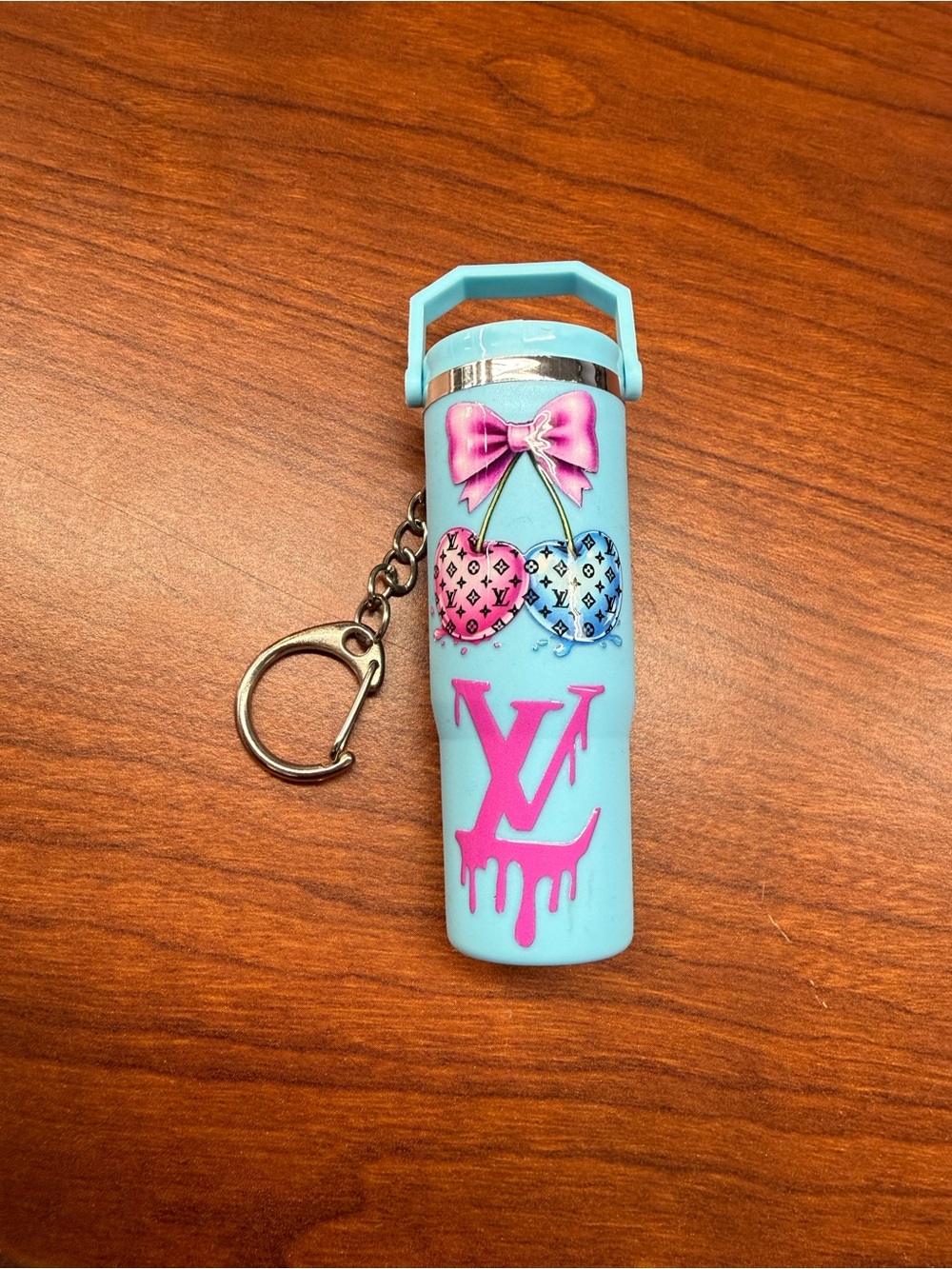 Blue Lip Balm Holder Keychain with Pink LV Graphic